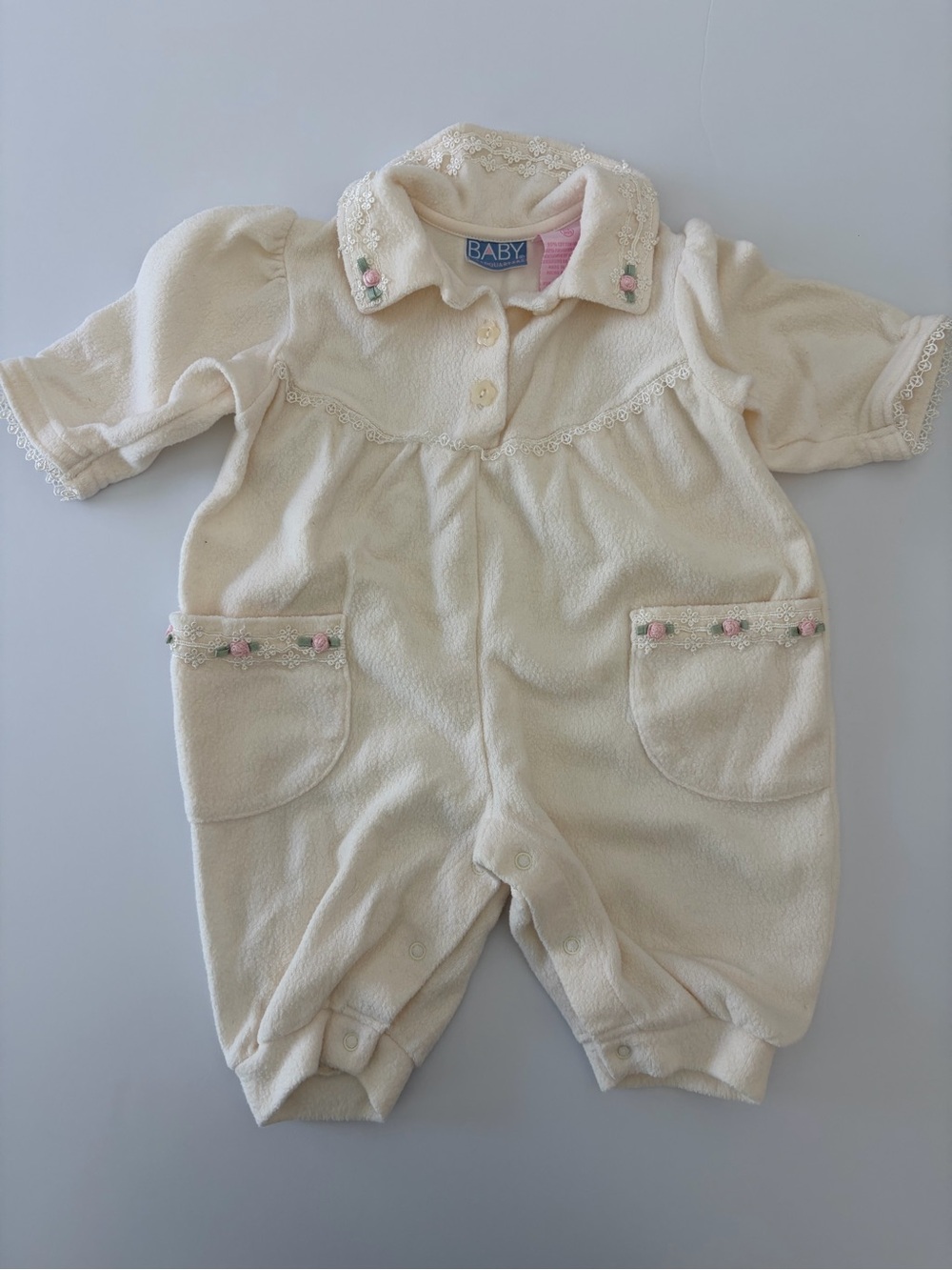 Vintage Baby Headquarters Fleece Winter Snap Romper Delicate Floral Trim